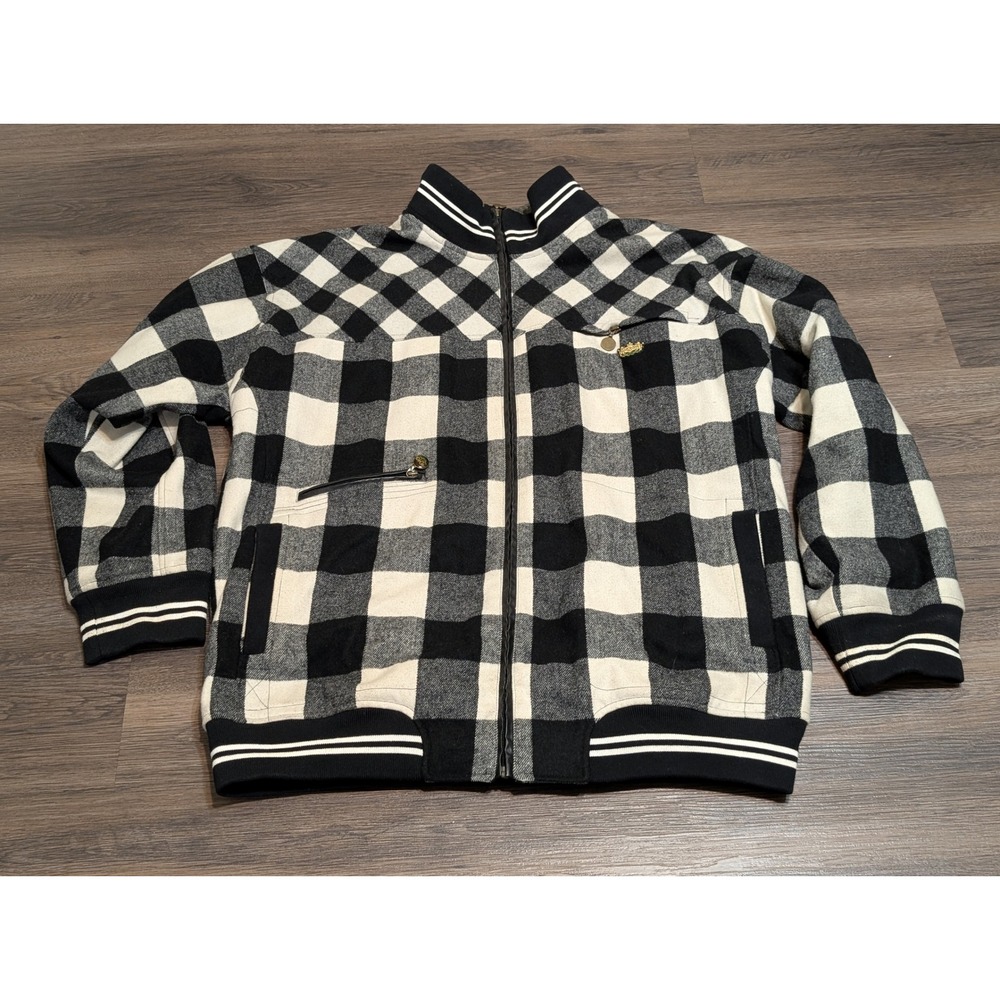 Akademiks Mens 2XL Black White Buffalo Plaid Wool Blend Full‎ Zip Jacket READ